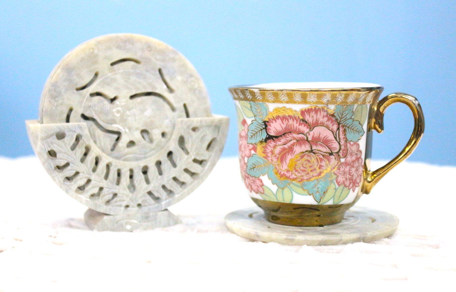 Carved Elephant Marble Coaster Set